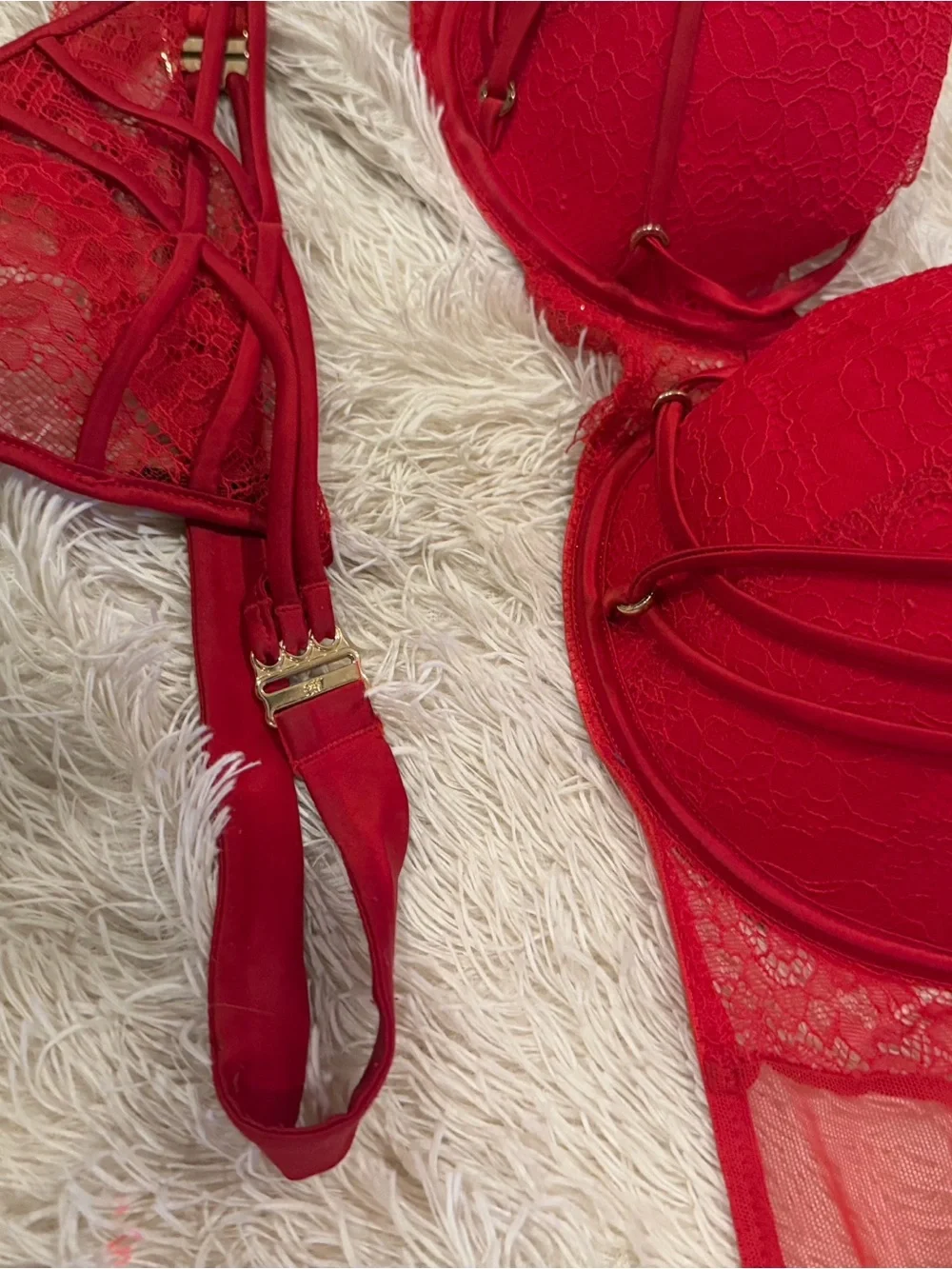 Honey Birdette Red Lace Underwire Bra and Matching Panty Set 38D & L